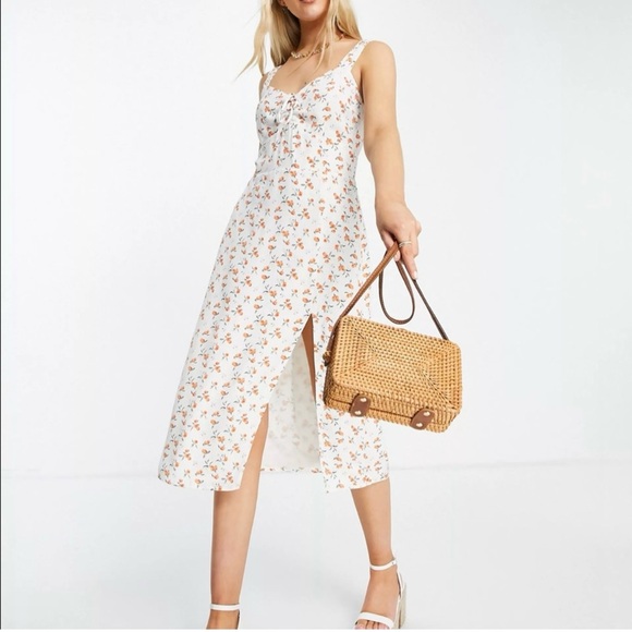 Abercrombie & Fitch Dresses & Skirts - A&F Cinch Front White Peach Print Midi Dress Size Small